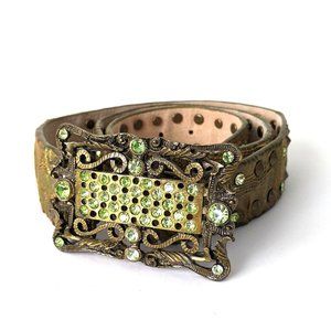 Shiny Green Embellished Rhinestones Studs Genuine Leather Big Rhinestone Buckle